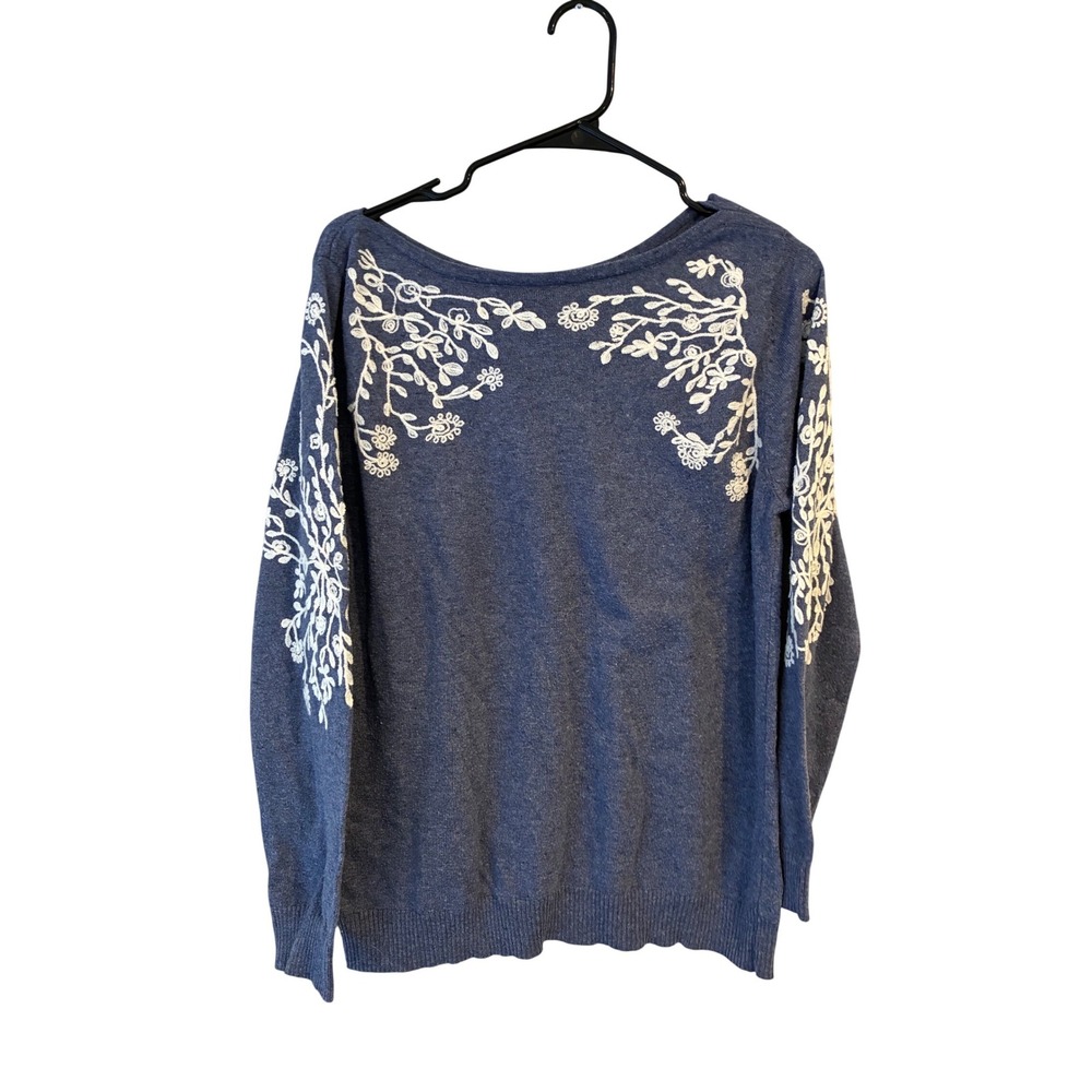 Rain + Rose Blue Floral Embroidered Angora Blend Knit Sweater Large RN115500